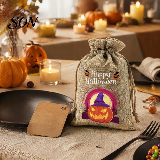 Lightweight Candy Carriers 2Pcs Halloween Pumpkin Drawstring Bags for Treats, Retro Burlap Pattern Party Favors Trick or Treat Bags, Portable