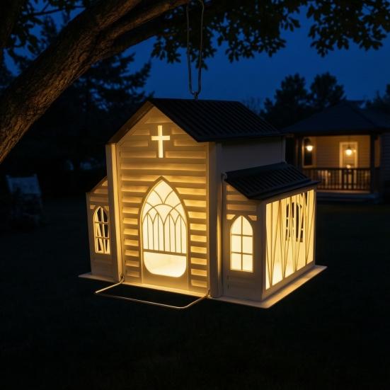 Church-Shaped Metal Bird Feeder with Solar Light, Outdoor Weatherproof Hanging Feeder, Decorative Bird Feeder for Garden, Yard and Deck Decor