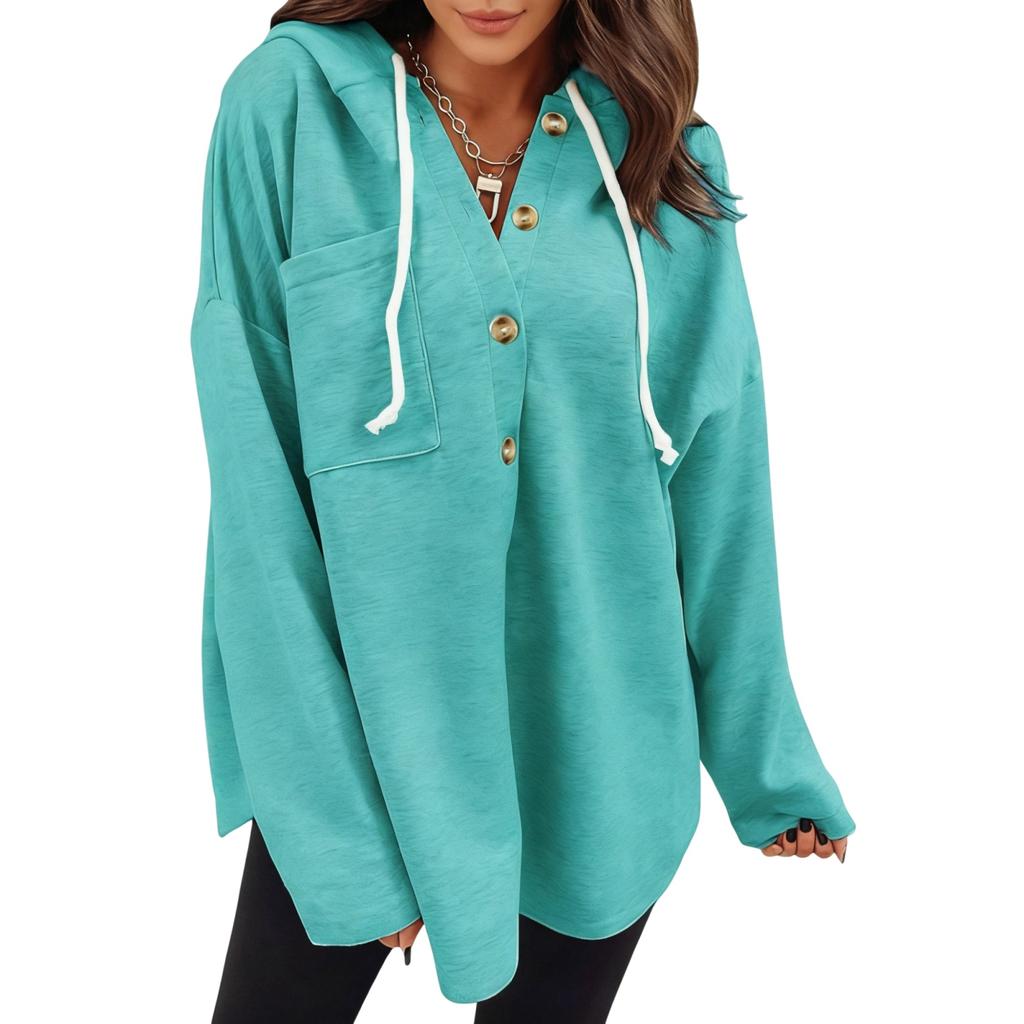 Damen Casual V-Ausschnitt Kapuzenpullover mit Taschen, Pullover, Lockere Passform, Einfarbig, Langärmige Oberbekleidung