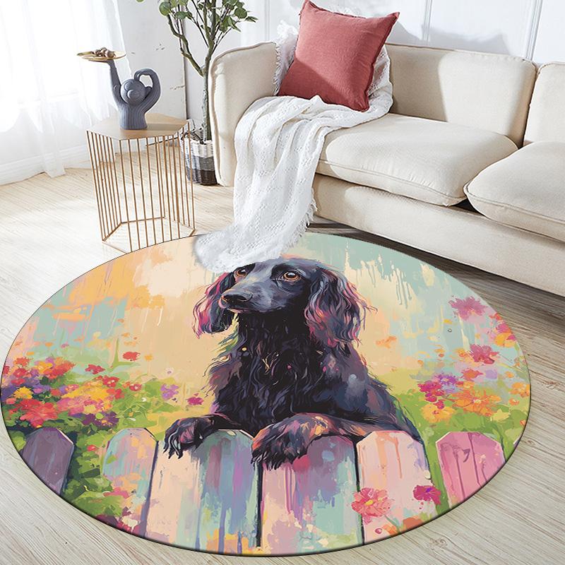 Flower Fence Dog,Round Area Rug,Carpet Rug for Living Room Bedroom Sofa Playroom Decor,Non-slip Floor Mat