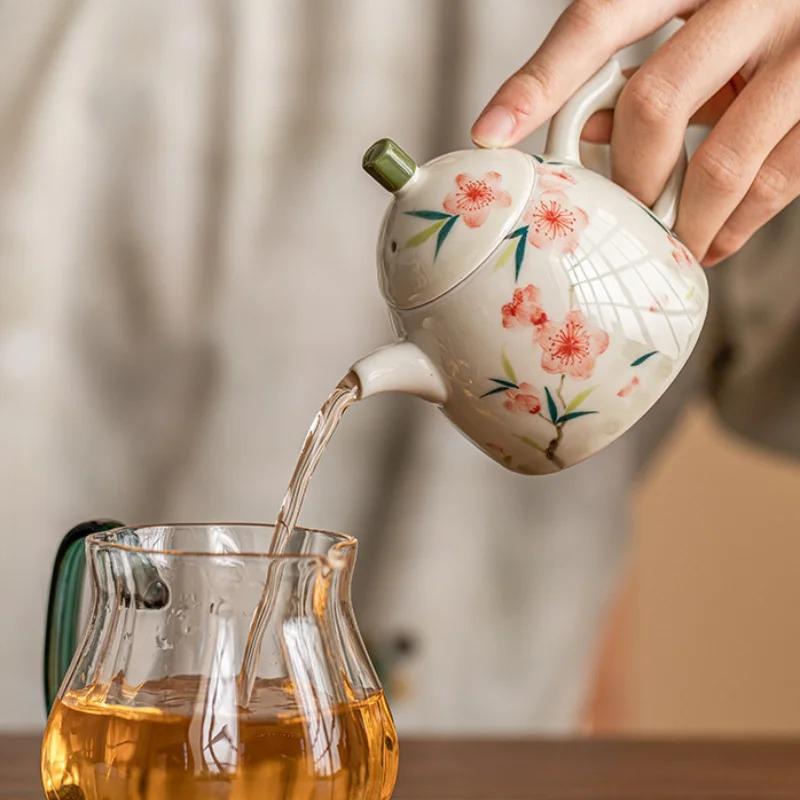 Hand Painted Peach Blossom Teapot Ceramic Single Pot Tea Kettle Tea Making Pot Tools Teas Tray Teas Infuser Teaware Sets