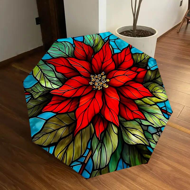 

Stained Poinsettia Design Automatic Opening Folding Umbrella with 8-Bone Iron Frame for Outdoor Use, Festive Gift, Suitable for Fans, Travel