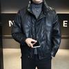 Men's Trendy Winter Leather Down Jacket - Short Stand Collar, Warm, PU Leather, Thickened, Wash-Free
