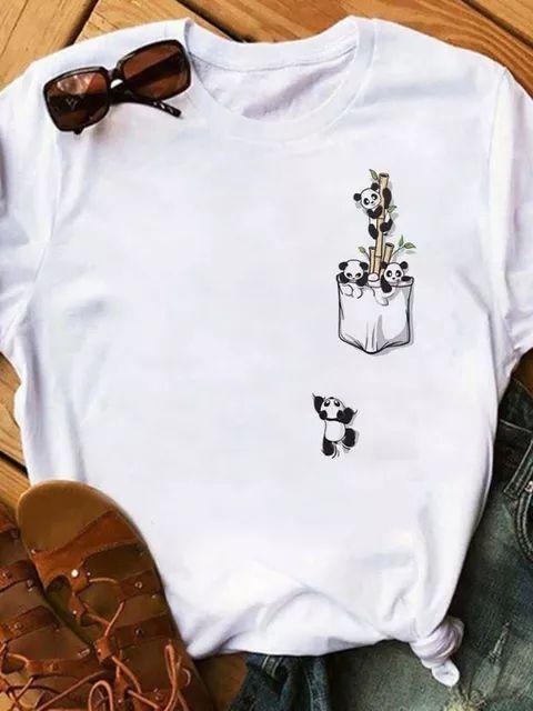 Maycaur Sommer Damen T-Shirt Lockere Oberteile Niedlicher Panda Herz Druck Kurzarm Weiblich Locker Lässig T-Shirt Damen Oberteil Tee