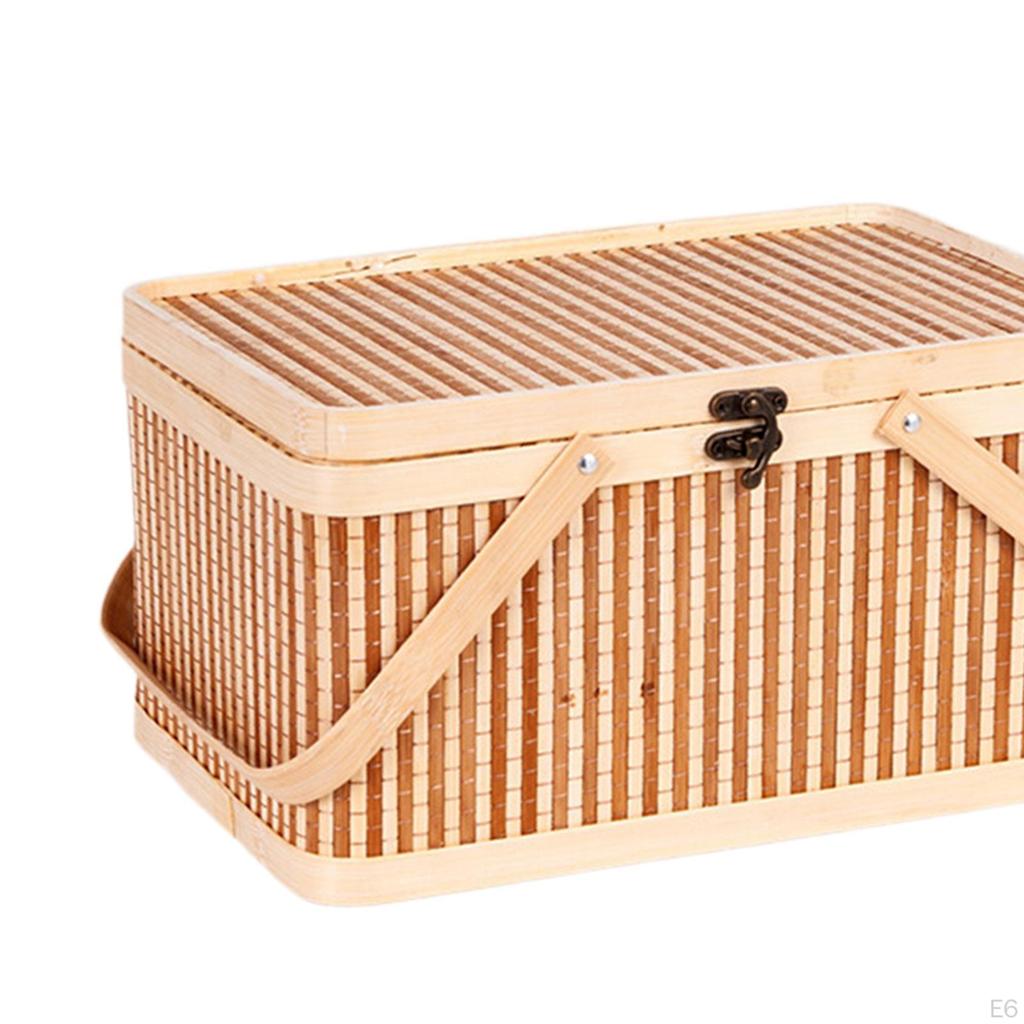 Bamboo Basket Woven Picnic Egg Storage Holder Sturdy Portable with Lid and Handle for Bread