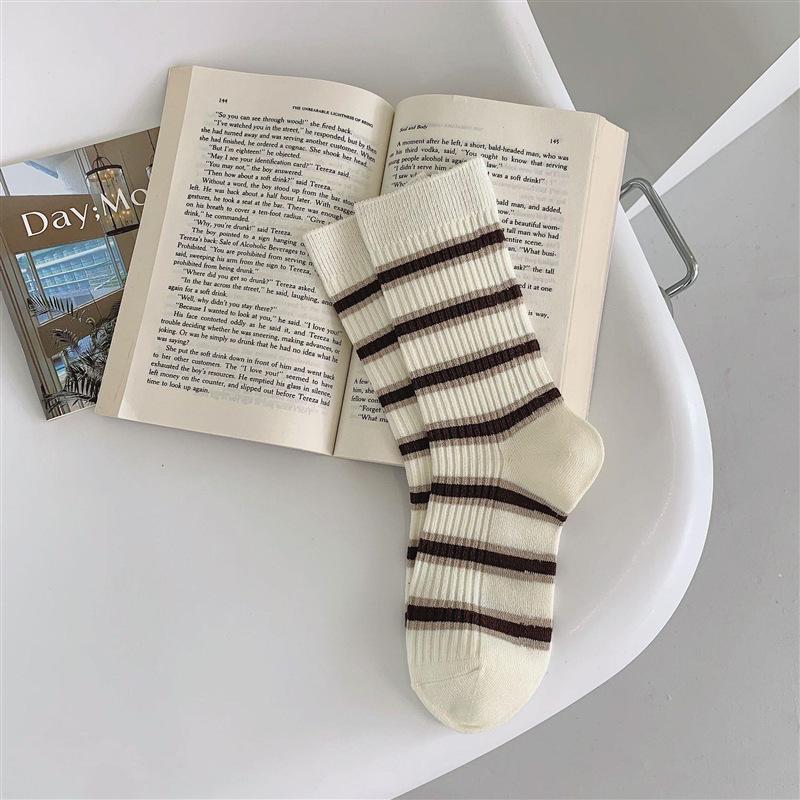 

Double Needle Retro Striped Mid-Calf Socks with Cute Bear Design for Women One Size