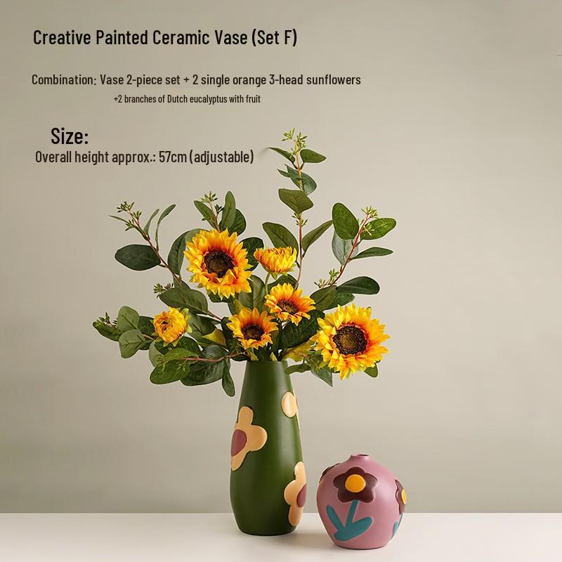 Retro Painted Ceramic Flower Vase Ornament for Living Room or Entryway Decor
