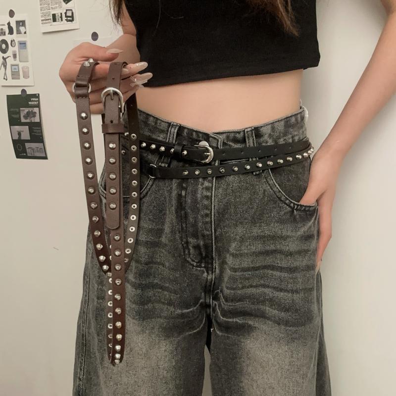 Punk Cowboy Style Double Circle Waist Belt Bucket Nail Extra Long Thin Waist Belt Casual Versatile Rivet Belt