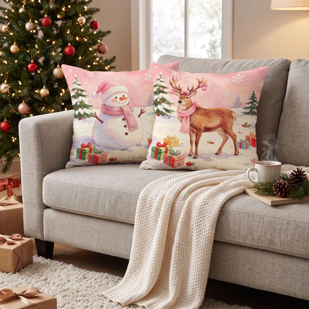 Set of 4 Winter Christmas Throw Covers with Snowman and Christmas Tree Print, Linen Cushion Cases for Sofa and Home Decor