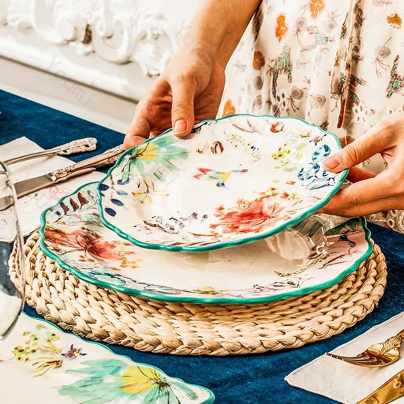 Vintage French Style Ceramic Plate Light Luxury High End Restaurant Salad Plates Home Afternoon Tea Dessert Fruit Flat Plate