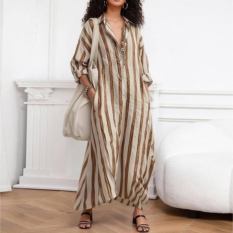 

Spring new European and American women s clothing, casual commuting loose V-neck striped printed dress 3XL коричневий