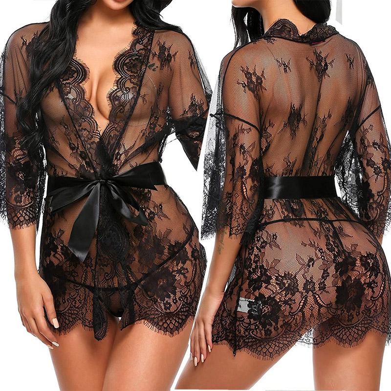 Lace Nightgowns Sleepwear Transparent Pajamas Negligee Open Crotch Sleepdress Women Robes Nightwear Sexy Underwear