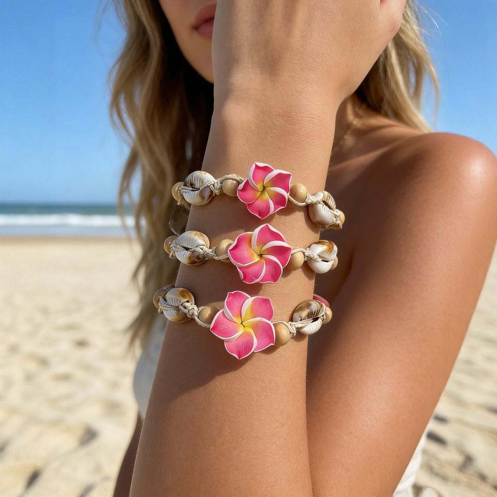 Soft Pottery Egg Flower Shell Hand-woven Necklace Bracelet Anklet Set Pink Beach Wind 18 Hours Delivery