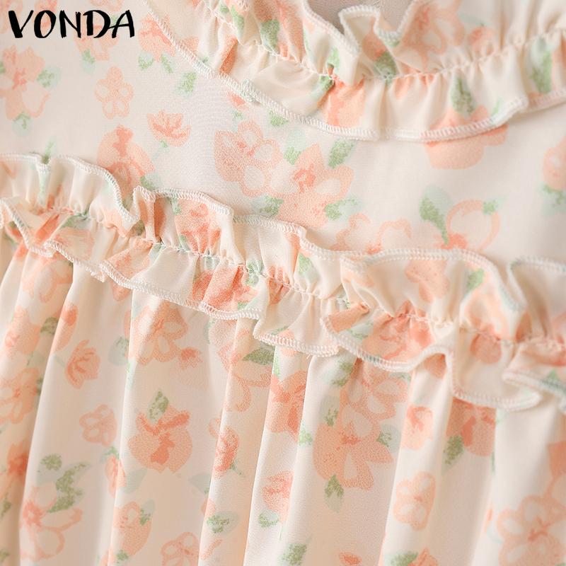 VONDA Women Elegant Puff Sleeve Floral Print Ruffled Casual Blouse