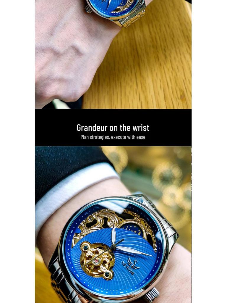 SEWOR Men's Semi-Automatic Skeleton Tourbillon Luminous Waterproof Retro Business Watch