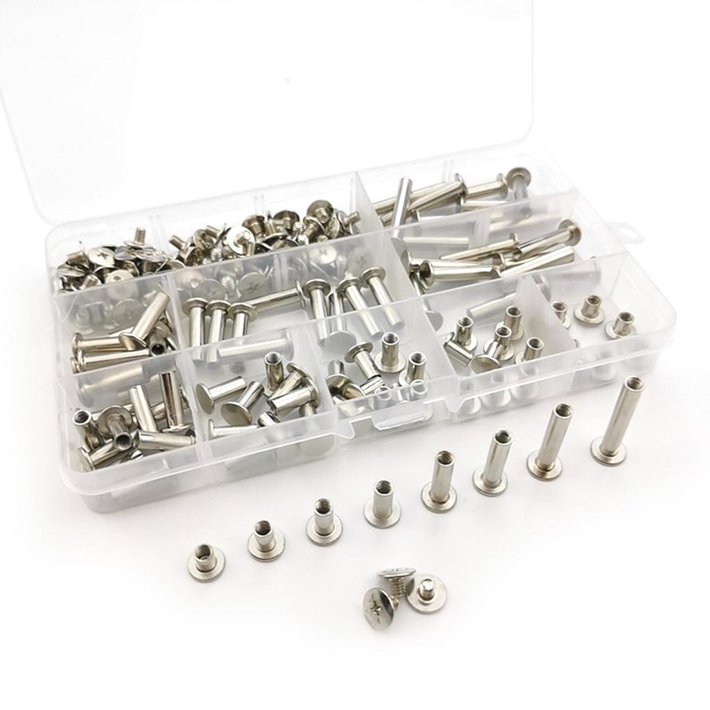 90Sets Round Flat Head Chicago Screws Buttons Metal Studs Rivets Stainless Steel Post Binding Screw for Leather Crafting