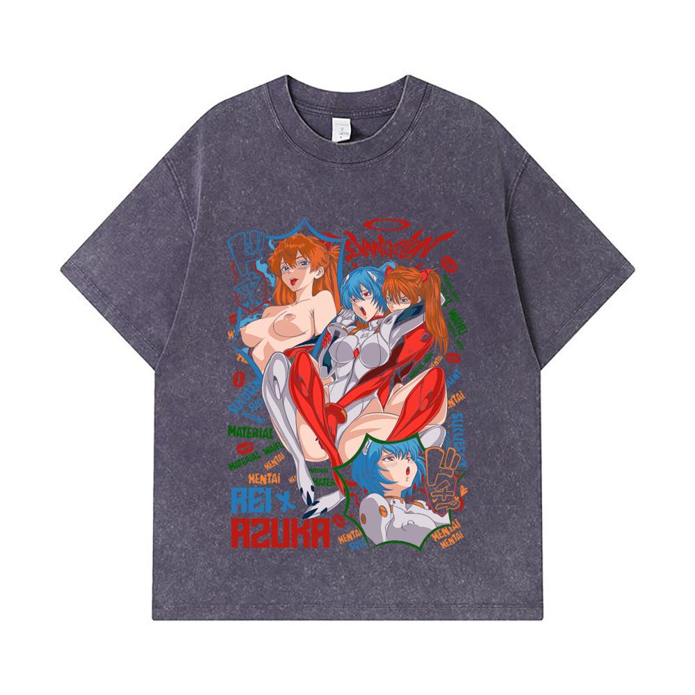 275 GSM Washed T-shirts 100% Cotton Evangelion V9 Asuka Rei Waifu Print Unisex Heavy Cotton T Shirt