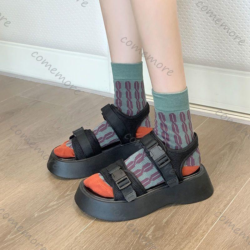 Fashion Comemore Black Sports Sandals Female Summer New Thick Bottom Heightening Roman Shoes Casual Flat Sweet Cool Students Sandales