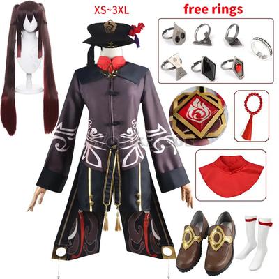 Spiel Impact Hutao Cosplay Kostüm Hu Tao Cosplay Perücke mit Hut Original Ringe Doppelte Zöpfe Komplettes Set