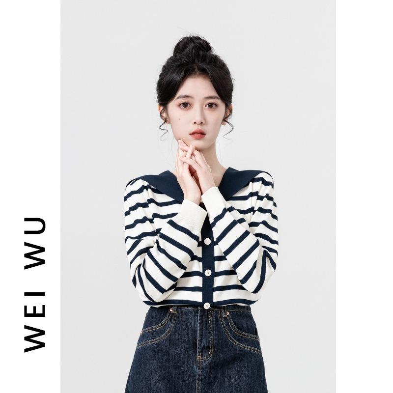 

Navy collar blue striped knitted cardigan women s spring and autumn new contrasting color v-neck thin long-sleeved jacket top One size fits all [recommended 80-60kg] тёмно-синий
