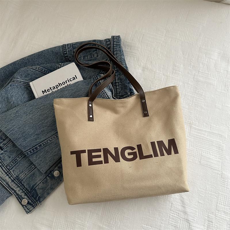 

Versatile Canvas Large Capacity Tote Bag With Minimalist Retro Design And Letters Khaki