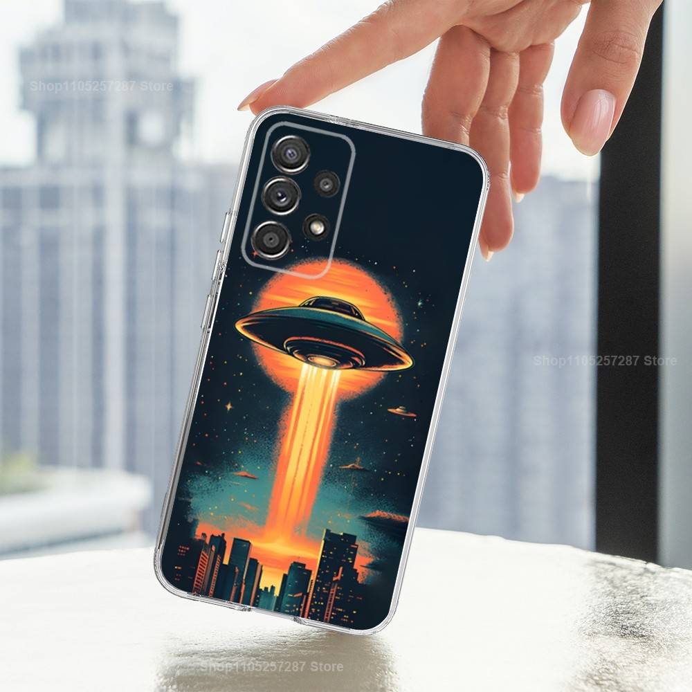 Singular Space UFO Alien Phone Case For Samsung A51,71,30,S21,10,20,Ultra,FE,Lite, S22,23,9,PIus,Transparent, Silicone