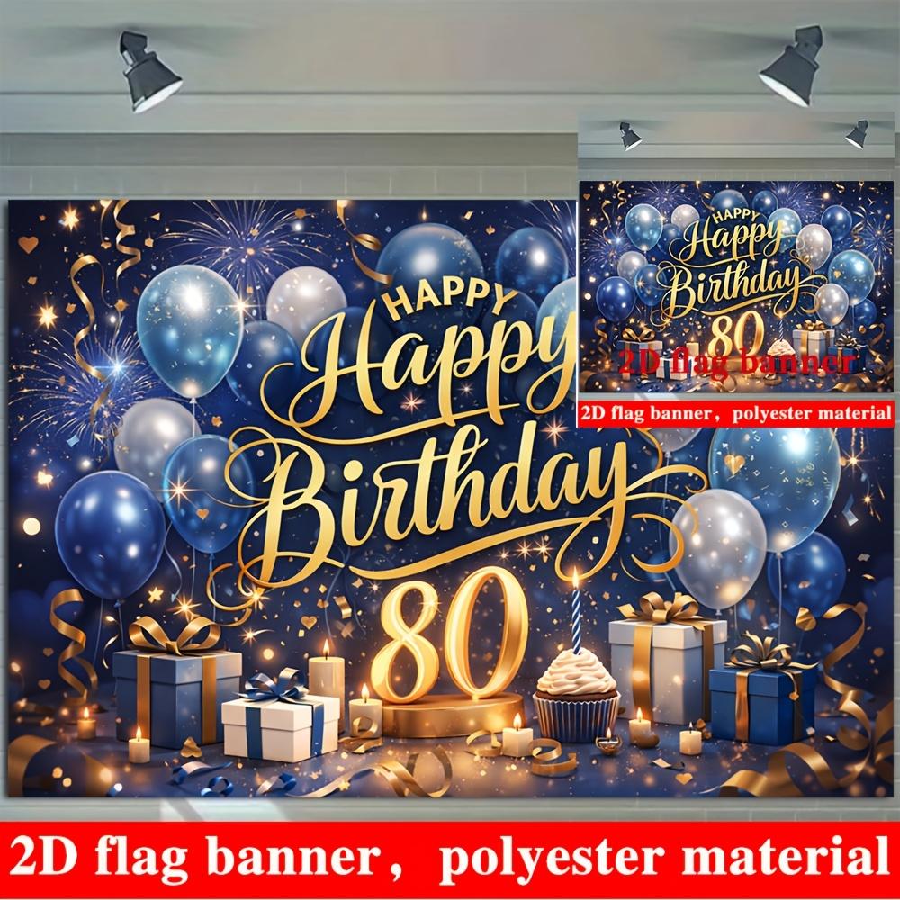 Striscione 80° Buon Compleanno Sfondo Palloncini Blu Argento Candele Poliestere