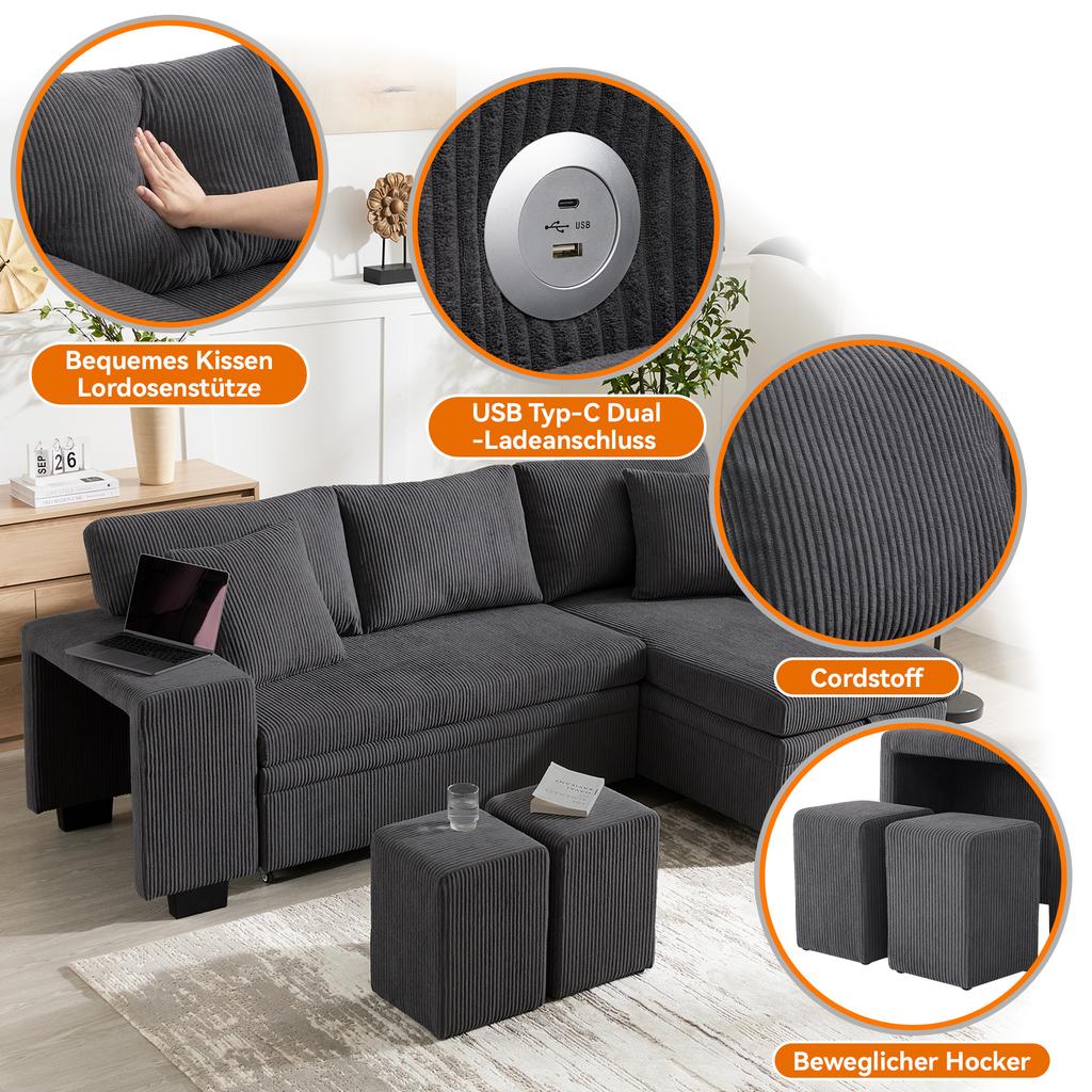 Folding Sofa with Sleep Function, L-Shaped Convertible Corner Sofa with USB Charging Port and Cushions, 3-Seater with Side Shelves and Storage Space