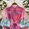 Summer Spring Women Lantern Sleeve Stand Collar Print Mini Short Beach Vacation Lace-up Dresses
