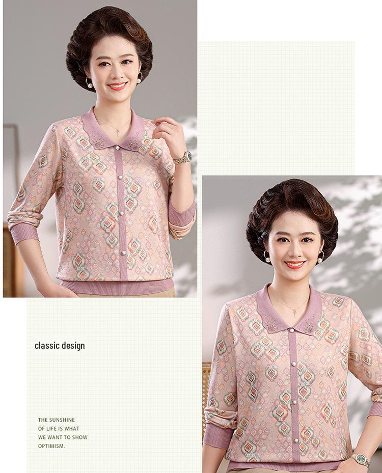 Elegant Spring Long-Sleeve Lapel T-Shirt for Stylish Middle-Aged Women