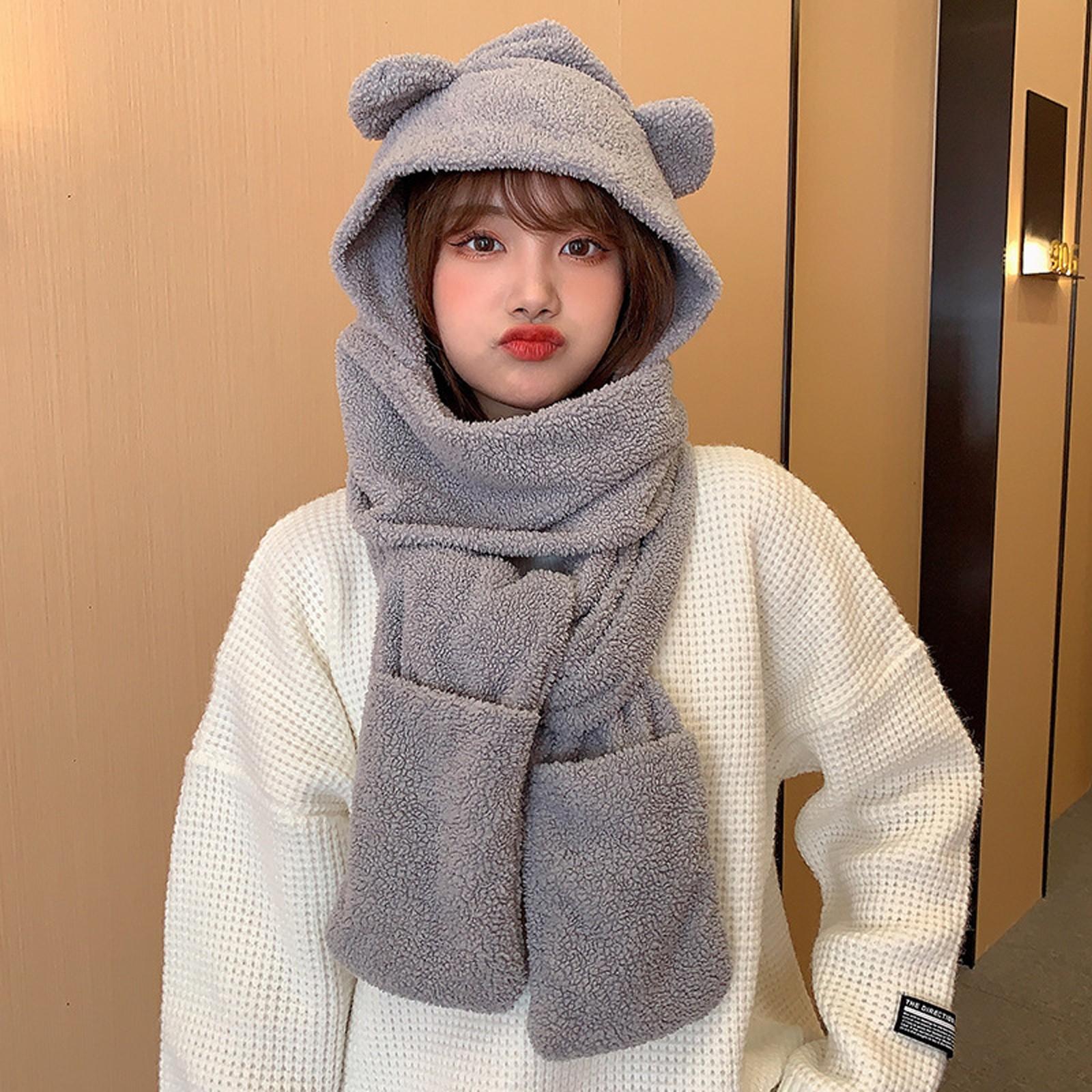 

New Cute Bear Ear Hat Scarf Gloves Set Winter Women Beanies Caps Warm Casual Plush Hats Casual Solid plush Girl Kawaii Present сірий колір
