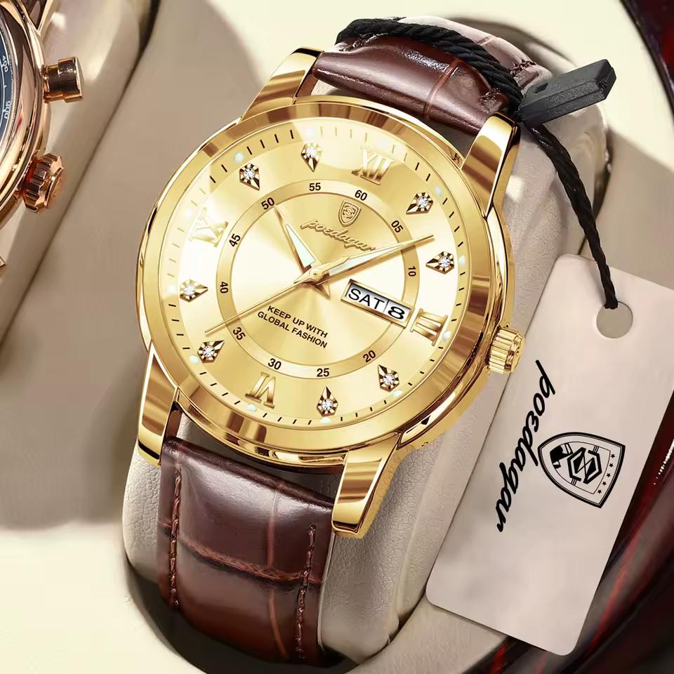 POEDAGAR Luxury Business Male Clock Date Week Waterproof Luminous Gold Wristwatch Casual Fashion Quartz Watches Reloj