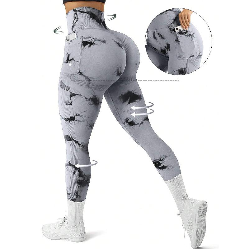 Nackte Batik-Seitentaschen-Yogahose für Herbst und Winter für Damen, hohe Taille, Hüftlift, enger Sport und Fitness