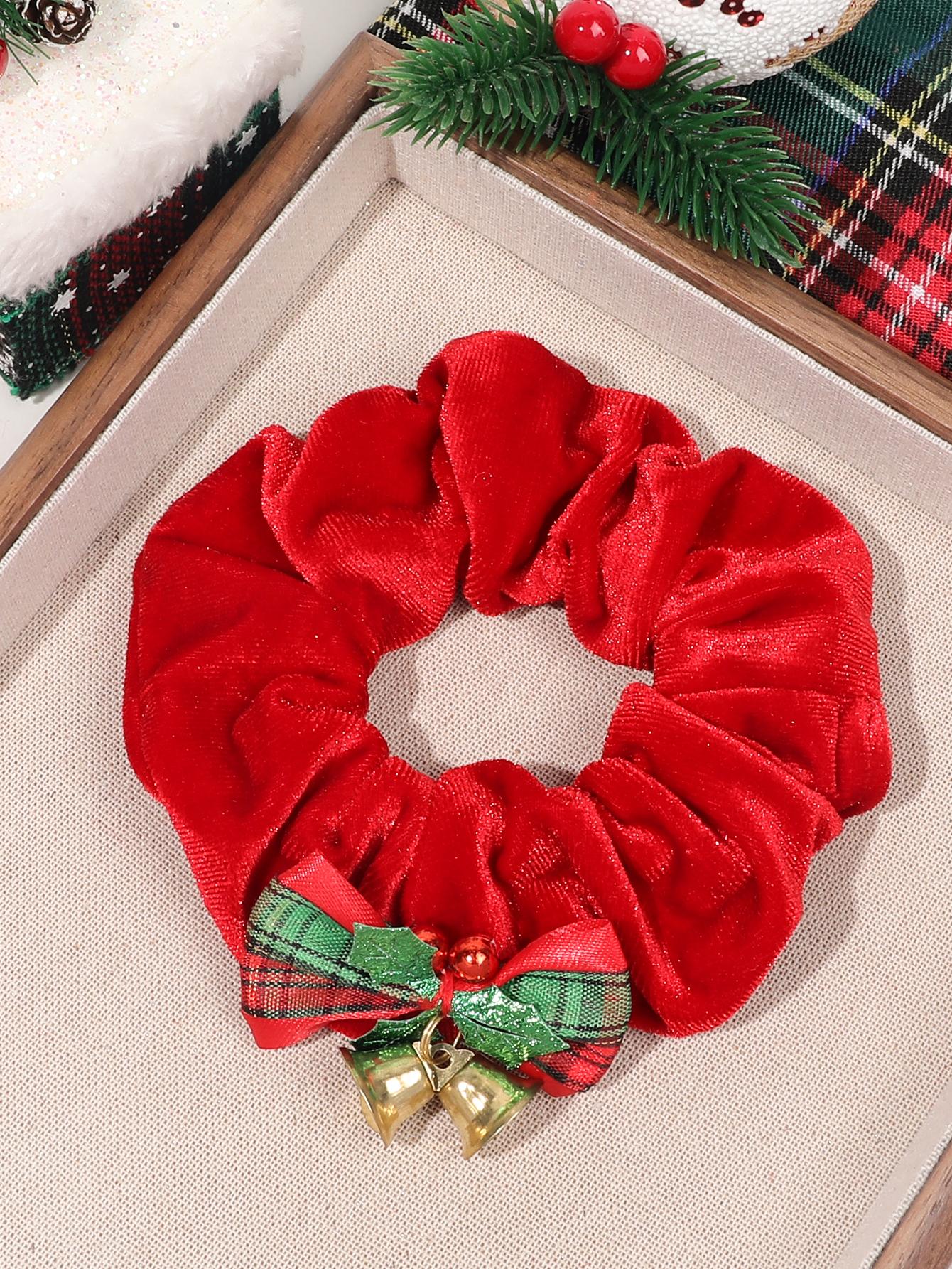 

1 шт. Рождественские ретро клетчатые резинки-скранчи с бантом, бархатные резинки для волос с колокольчиком, элегантный дизайн банта для волос, украшения для волос