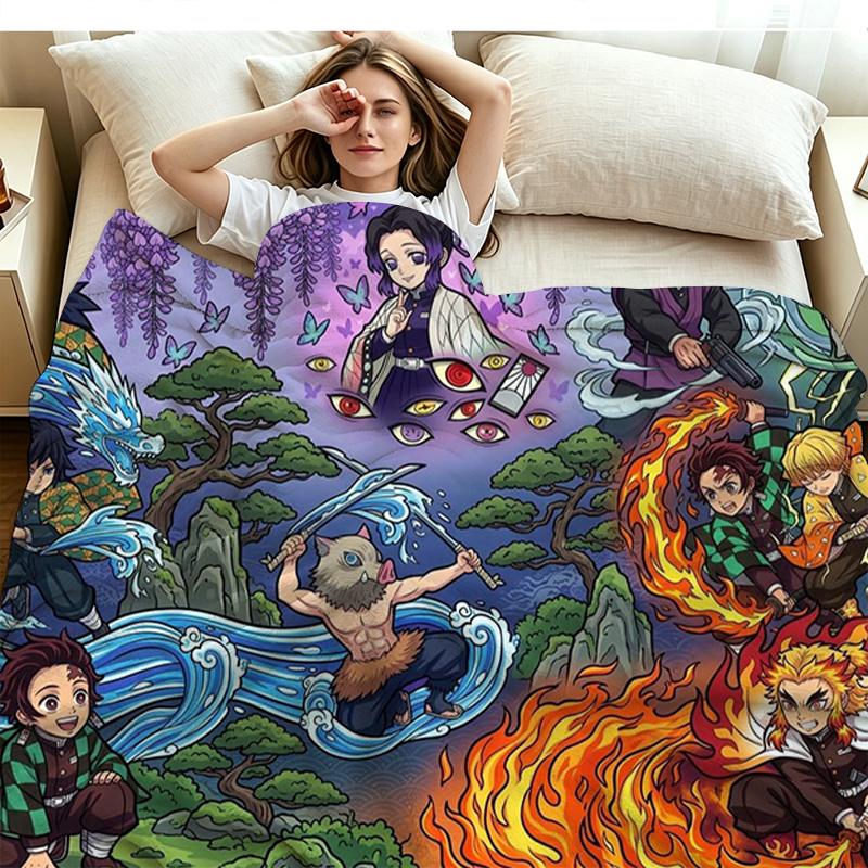 Demon Slayer Anime Print Flannel Blanket High Quality Warm Comfortable Cover for All Seasons Perfect for Gifts Home Decor