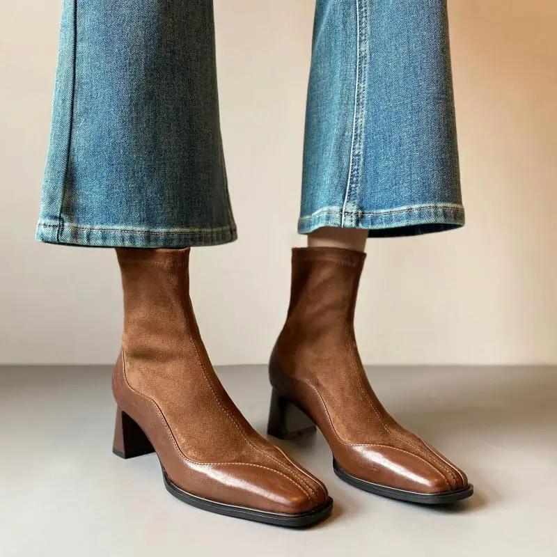 Fashion Retro Brown Square Toe Mid Calf Boots Women 2025 Autumn Elegant Square High Heel Mix Suede Boots Vintage Solid Chelsea Boots