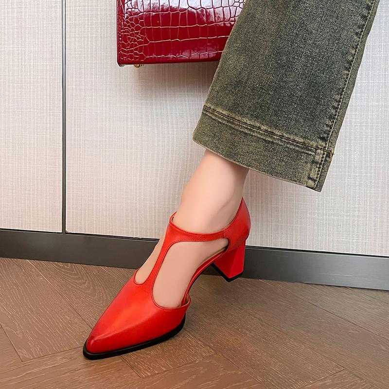 Fashion 2025 Spring New Women's Cow Leather 6.5cm Thin High Heel T-strap Pumps Elegant Ladies Hollow-out Daily Dress Heeled Shoes Woman