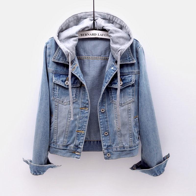 Women's Korean Fashion Long Sleeve Jean Jacket Slim Hooded Short Denim Jacket Woman Coat