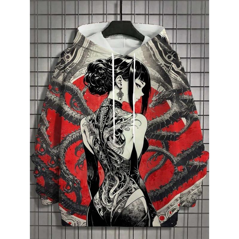 Men Tropical Plant Retro Bus Floral Geometric Full Print Hoodie Drawstring Pocket Long Sleeve Casual Pullover Sweatshirt