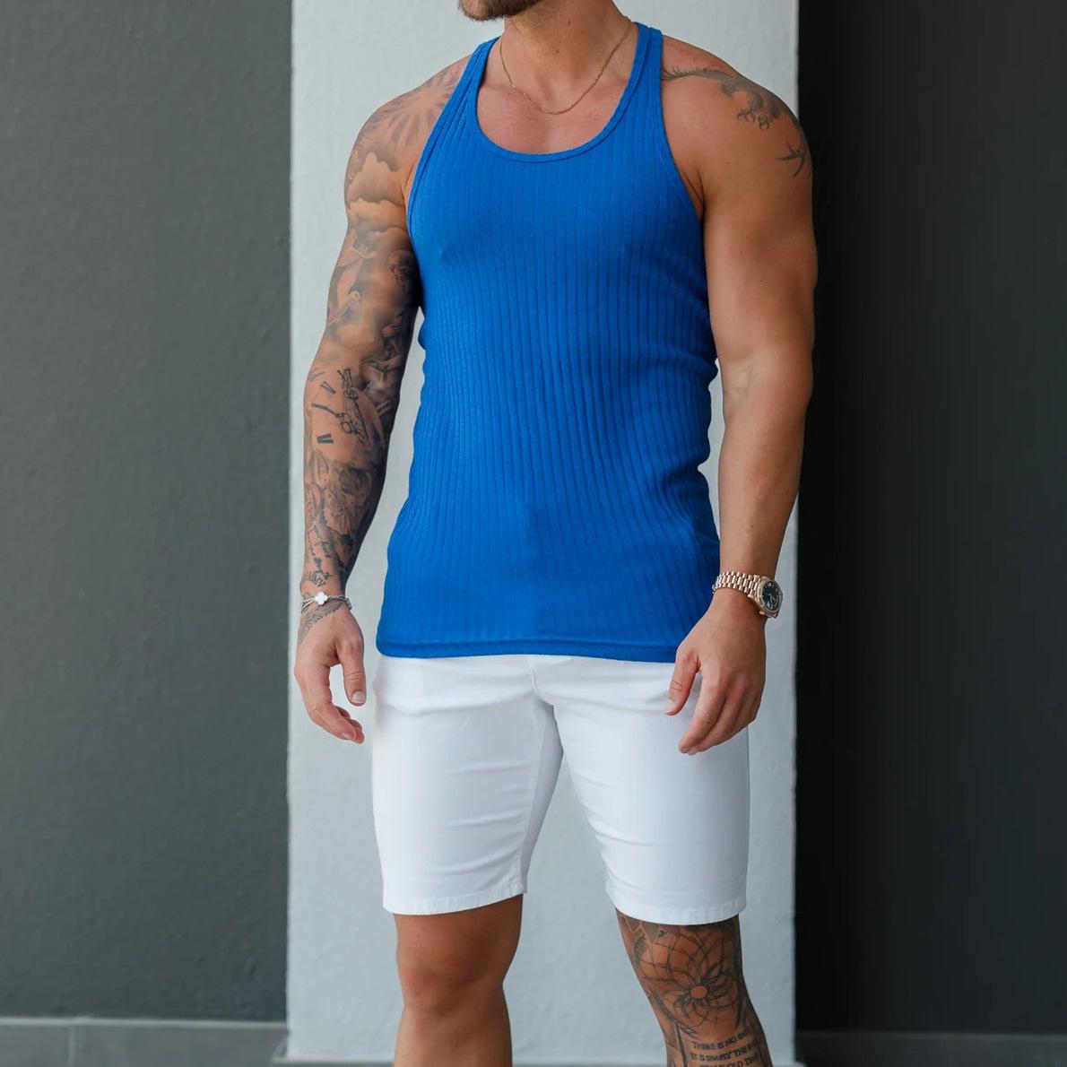 

Мужская летняя полосатая майка для фитнеса: Безрукавный, Приталенный, Жилет с широкими плечами 2XL