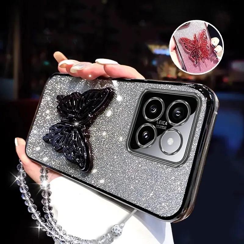 3D Butterfly Phone Holder Crystal Bracelet Glitter Plating Case for Xiaomi Mi 14 Ultra 13 12 11 Lite Pro Back Cover
