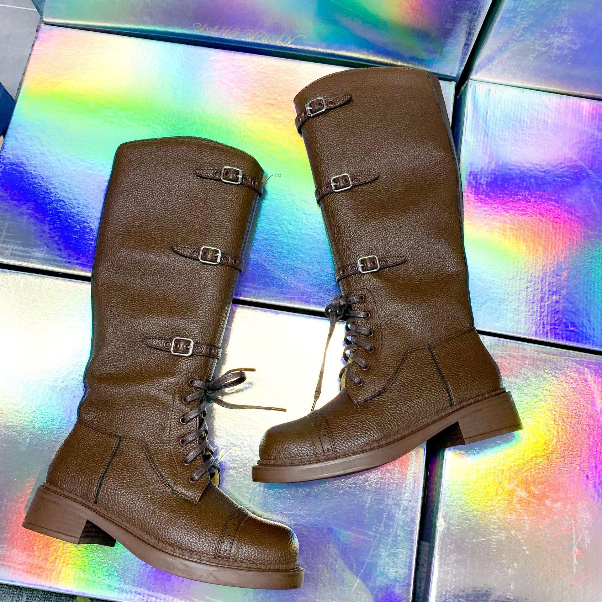 

Spot second hair! Fashion versatile new retro straps velvet tall knight boots Martin boots locomotive boots 40