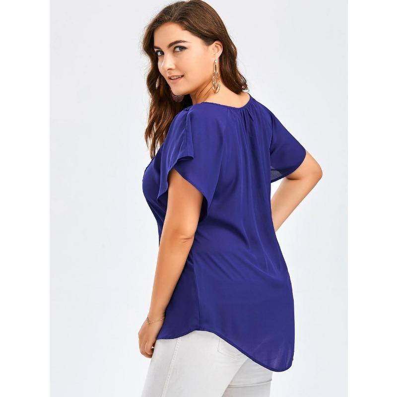 Lace V Neck Loose Women Blouse Large Size Lace-up Short Sleeve Shirts Ladies Solid Color Loose Sweet Office Elegant Fashion Simple Clothing
