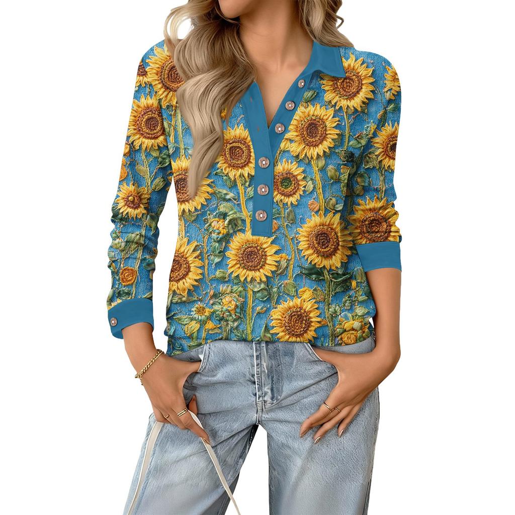 Women's Relaxed V,neck Long,sleeved Button,down Floral Pullover Top