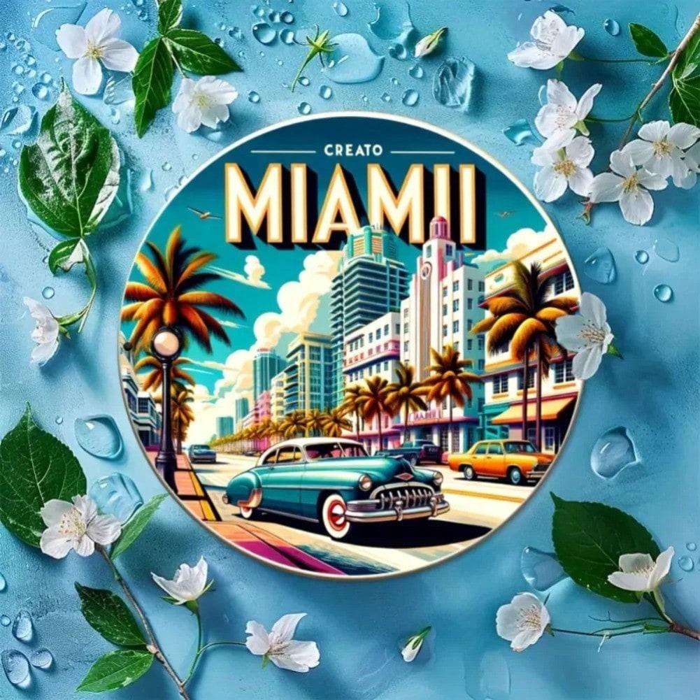 Vintage Metal Sign Miami Beach Tropical Palm Tree Wall Art Retro Coastal Decor 20x20