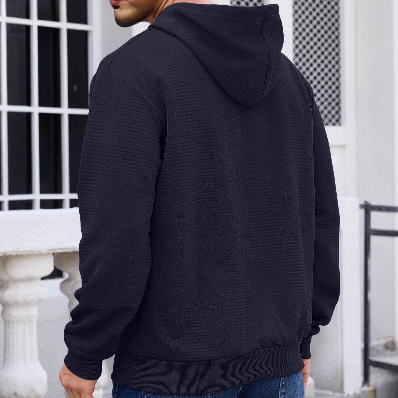 Spring and Autumn Pullover Solid Color Jacquard Casual Sports Loose Long Sleeve Hooded Half Cardigan Sweater Men