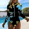 Damen Langarm Einteiler Badeanzug Reißverschluss Vorne Farbverlauf Blumenmuster Rash Guard Surfen Badeanzug