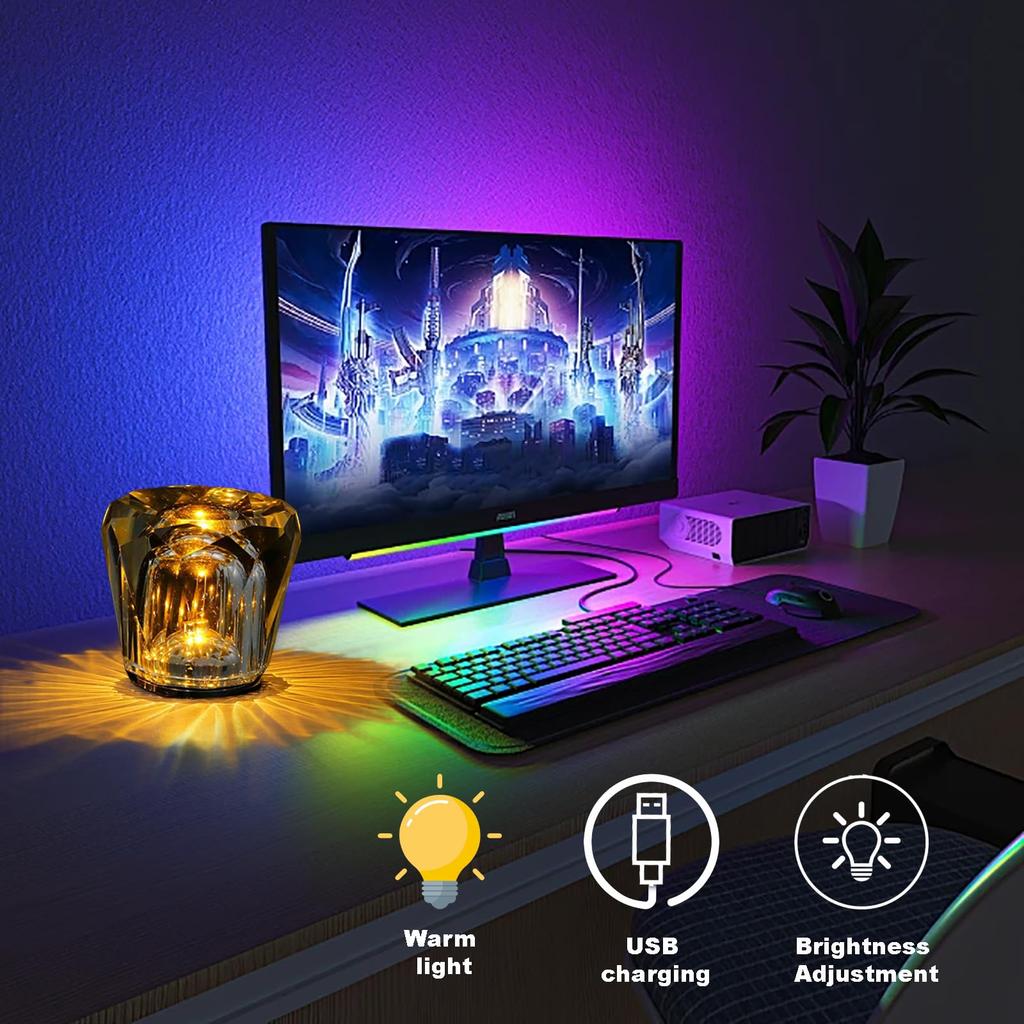 Crystal Table Lamp, Diamond Table Light, Bedside Lamp, USB Rechargeable, 3 Bright Colors, Night Light, Bedroom Ambient Lighting, Cordless Decorative