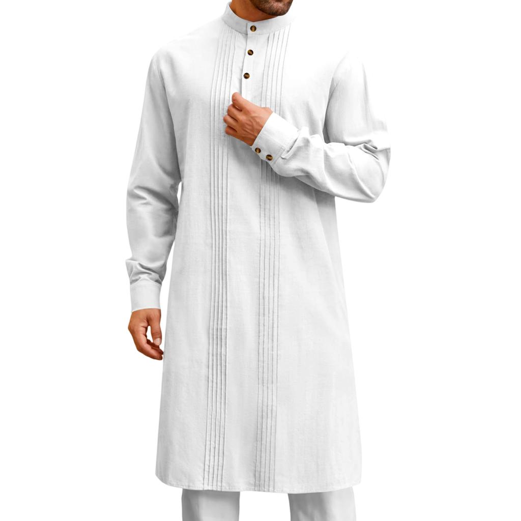 Mens Kaftan Thobe Button Down Casual Shirts Long Sleeve Robe Cotton Linen Muslim Gown Shirt