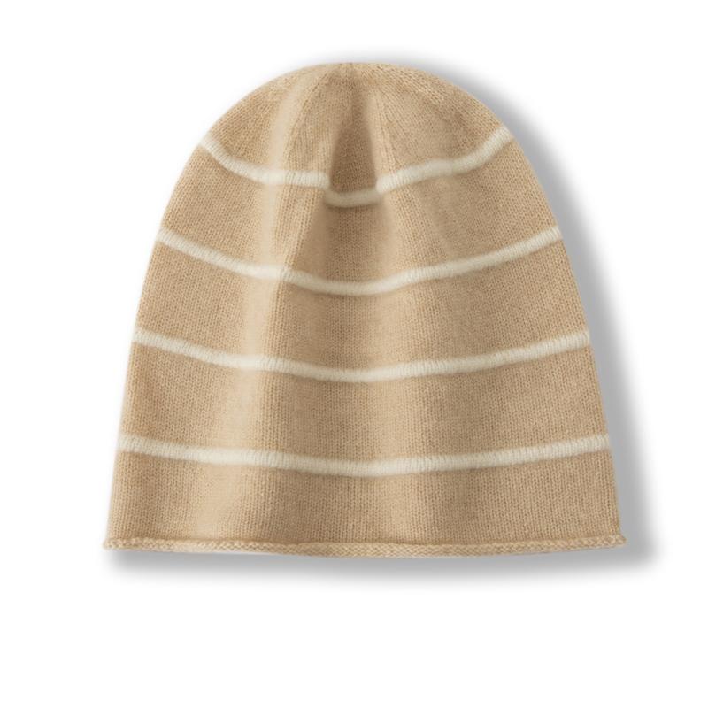 

Women 100% Pure Cashmere Beanie Hat Striped Pattern Rolled Cuff Winter Warm Soft Slouchy Skullies Cap Cold Weather Accessory бежевый
